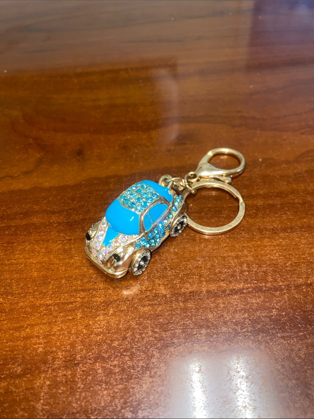 Blue Crystal Car Keychain with Gold-Tone Hardware